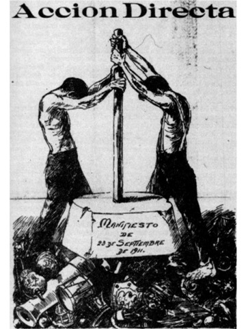 ‘Acción Directa’- Grabado de Nicolás Reveles que hace referencia al Manifiesto del 23 de septiembre de 1911. Publicado en Regeneración, 1915.